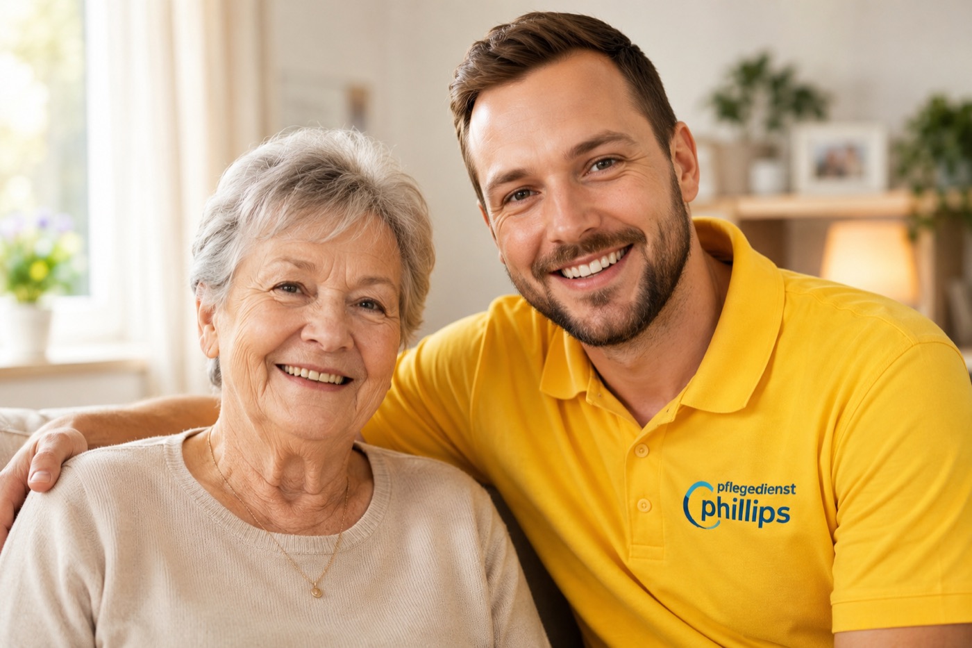 Pflegekraft der Häuslichen Krankenpflege Phillips begleitet eine Seniorin zu Hause