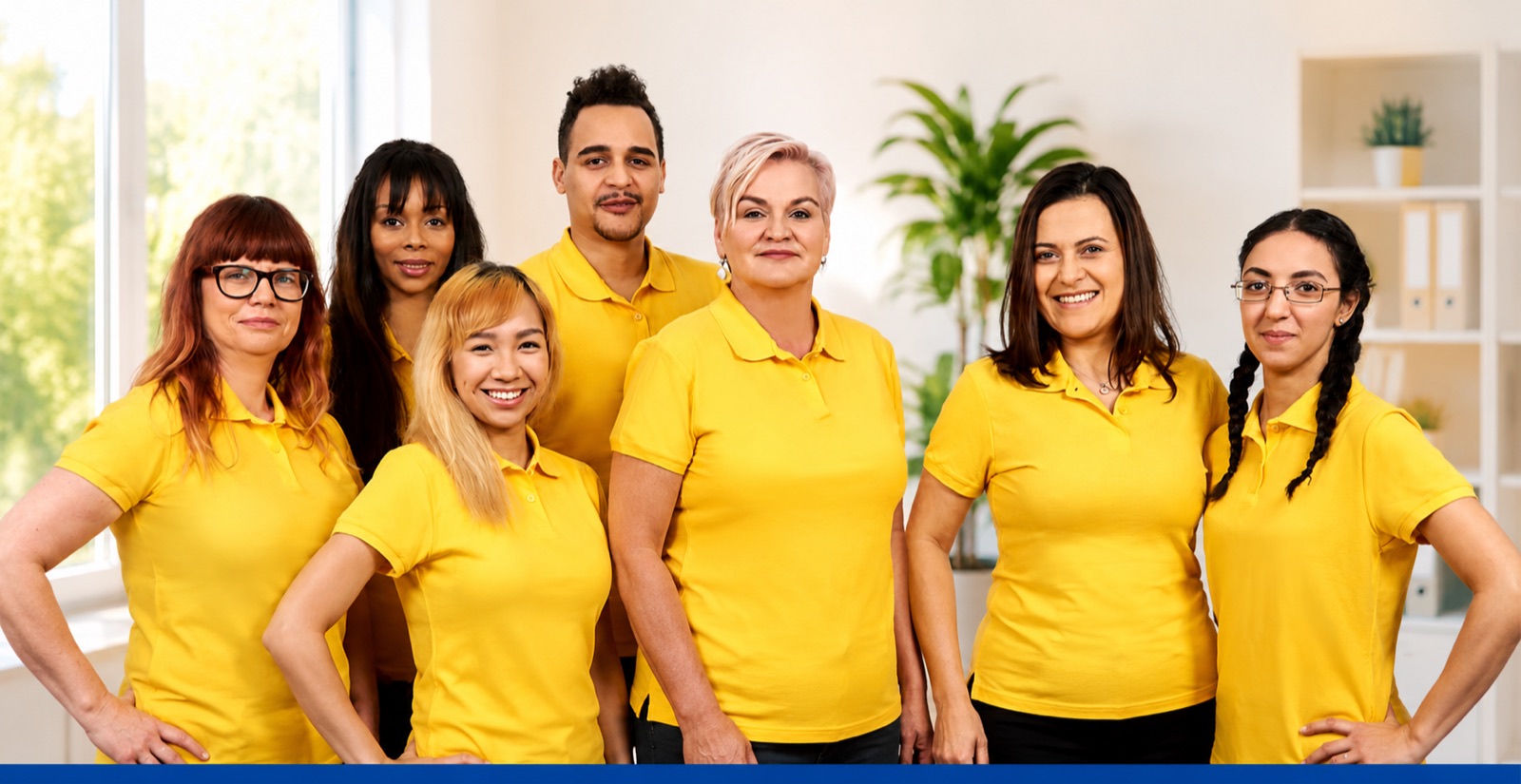 Team der Häuslichen Krankenpflege Phillips in gelben Dienstshirts in einem hellen Pflegebüro